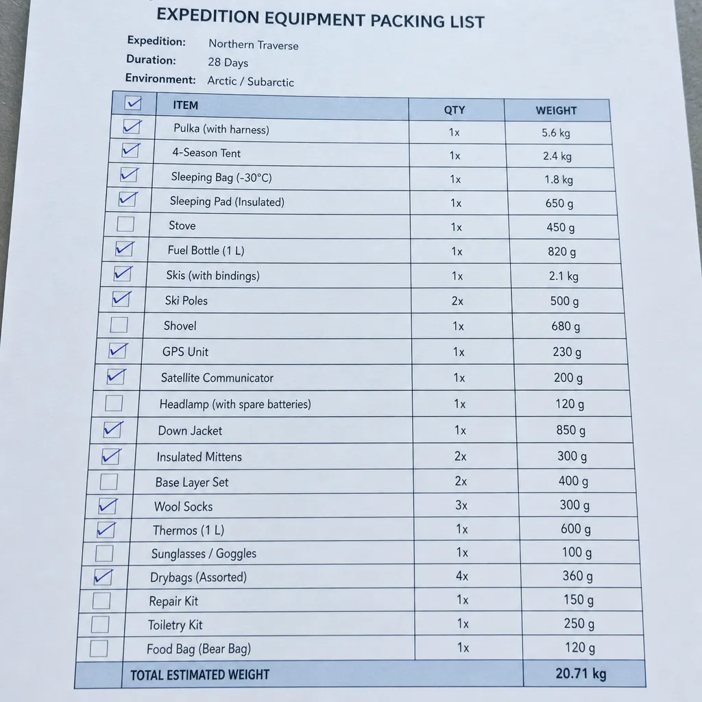 Liste de matériel d’expédition avec quantités et poids