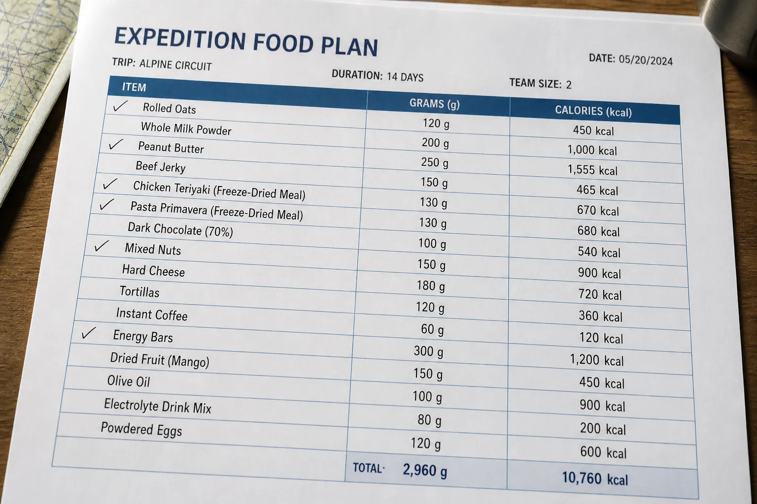 Plan alimentaire d’expédition avec ingrédients et quantités